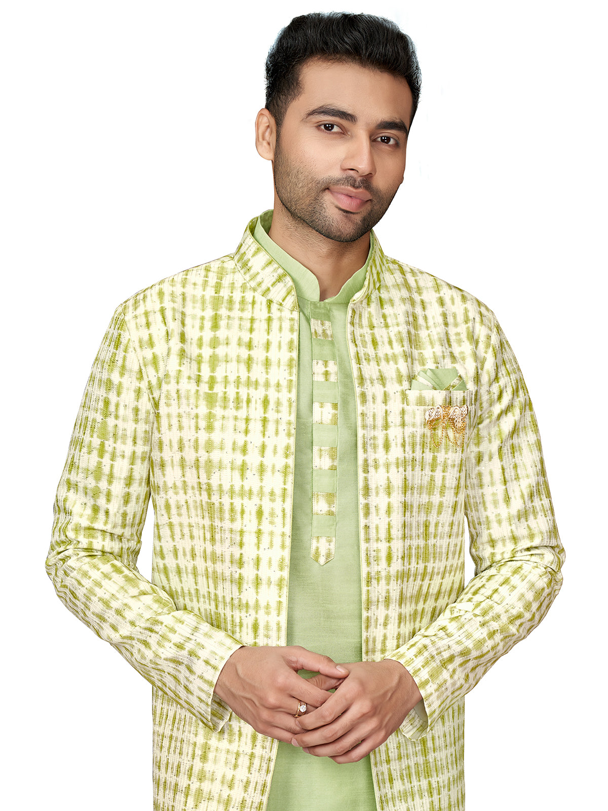Fabulous pista green printed silk indowestern