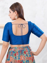 Fire blue dupion silk front open saree blouse