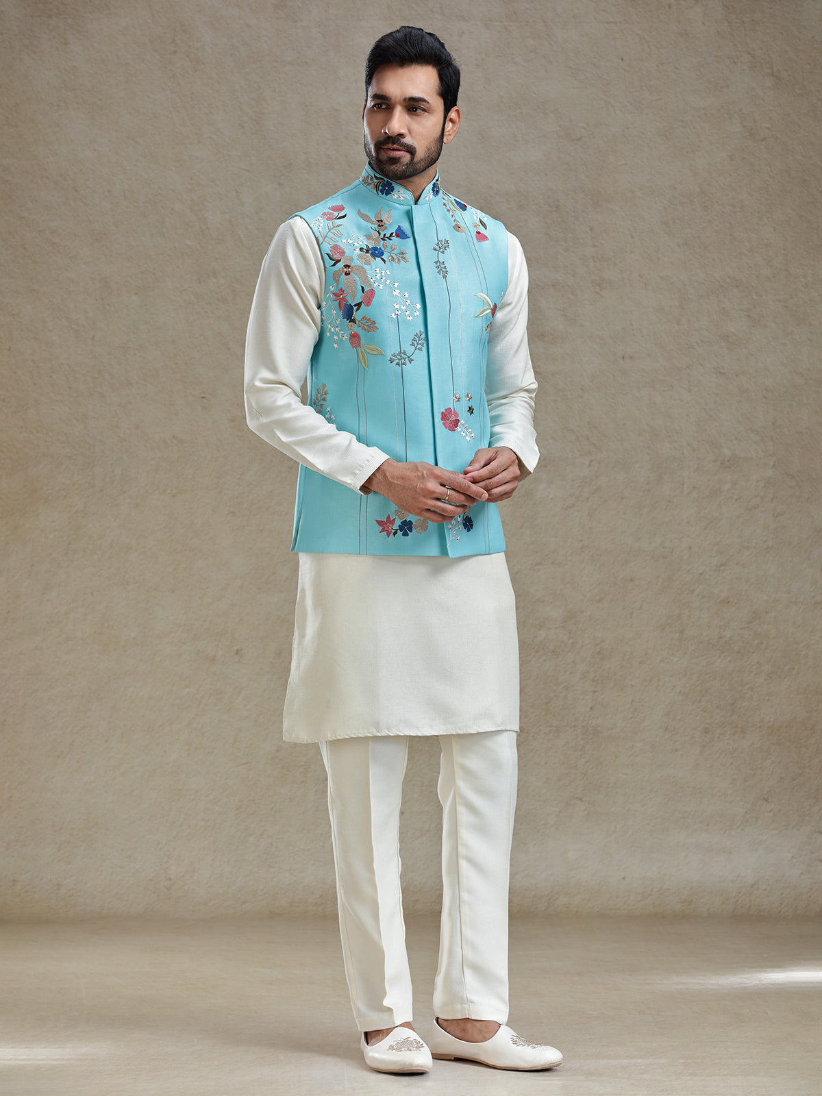 Firozi blue linen silk embroideried kurta jacket set