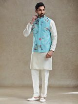 Firozi blue linen silk embroideried kurta jacket set