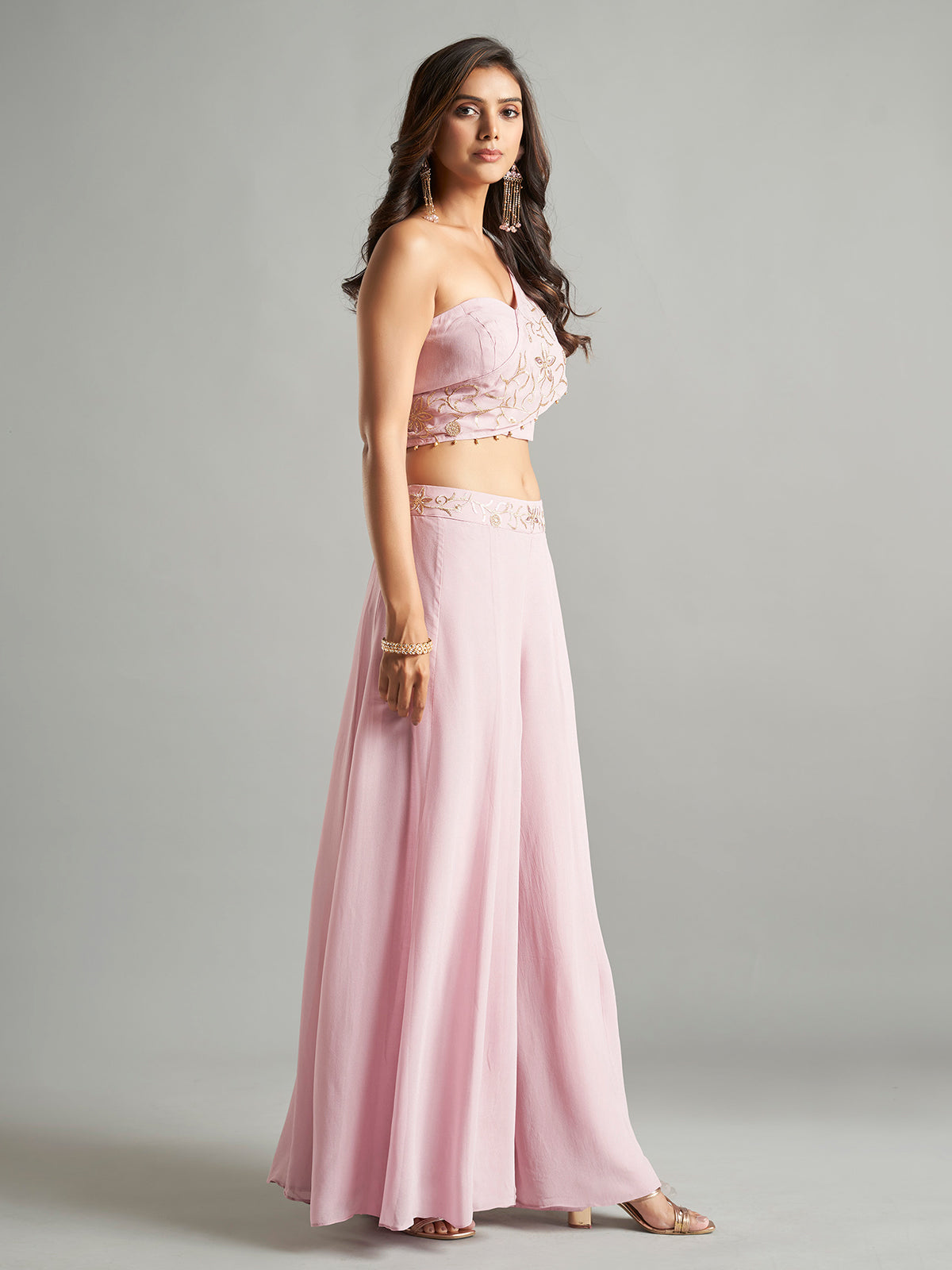 Glamorous light pink georgette palazzo set