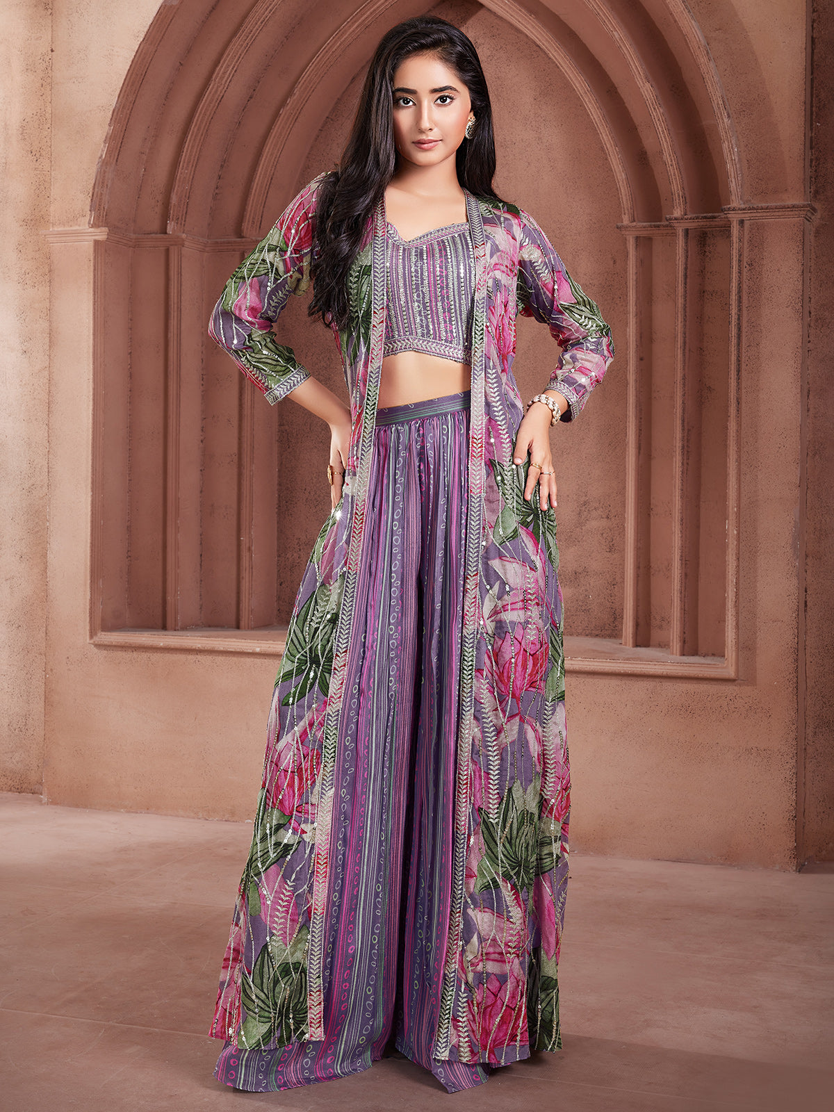 Glorious purple silk palazzo salwar suit