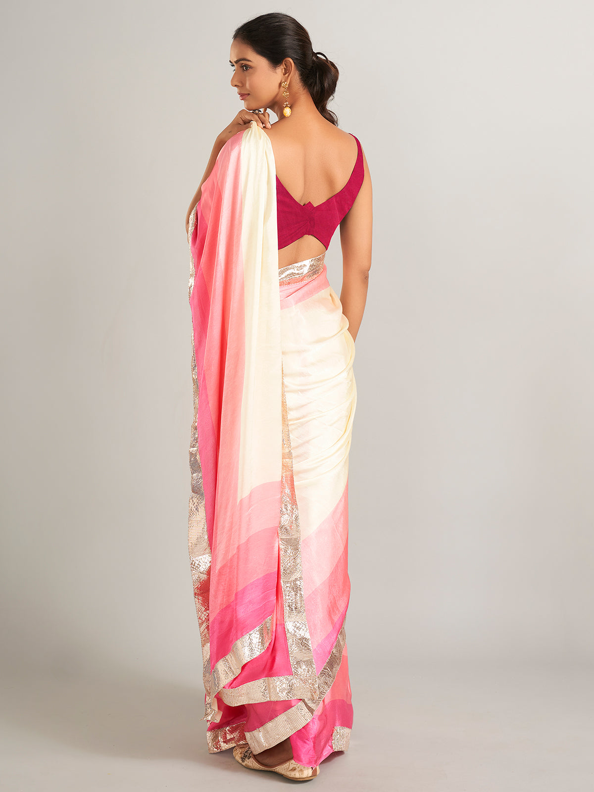 Glowing pink and cream masru silk saree