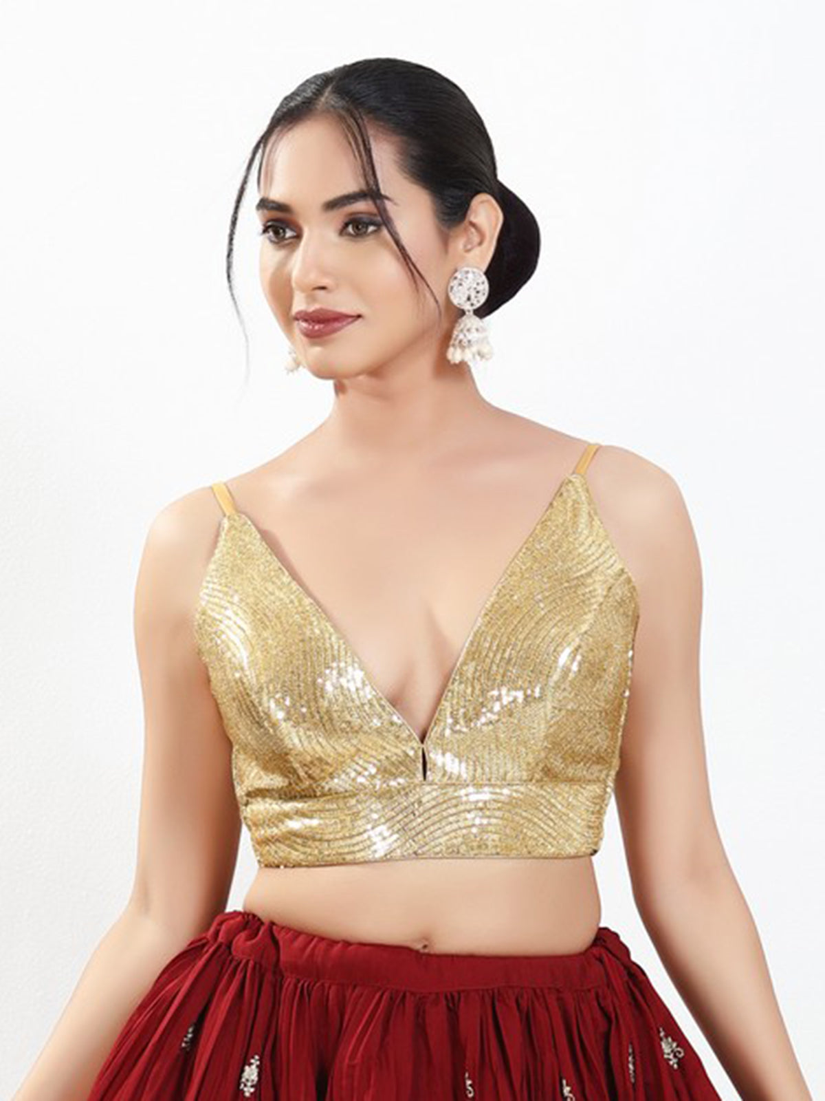 Gold sequins sleeveless festive V neck blouse