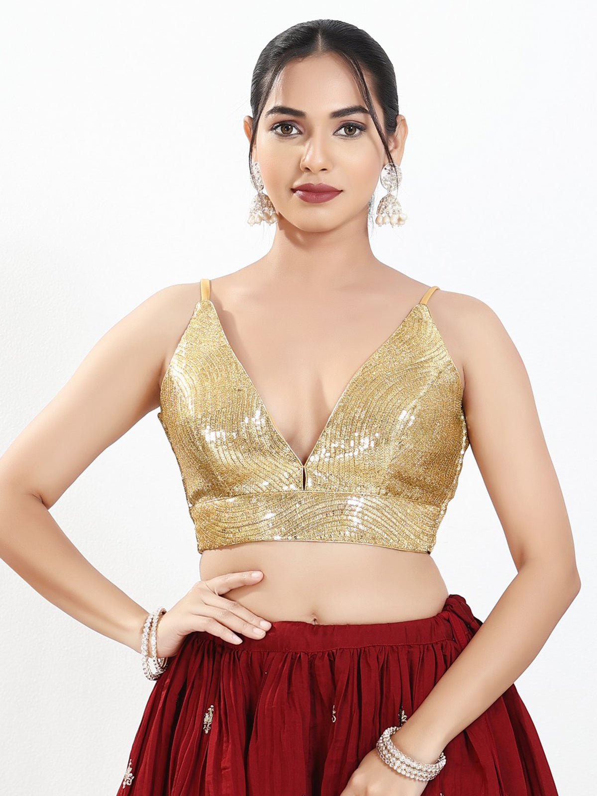 Gold sequins sleeveless festive V neck blouse