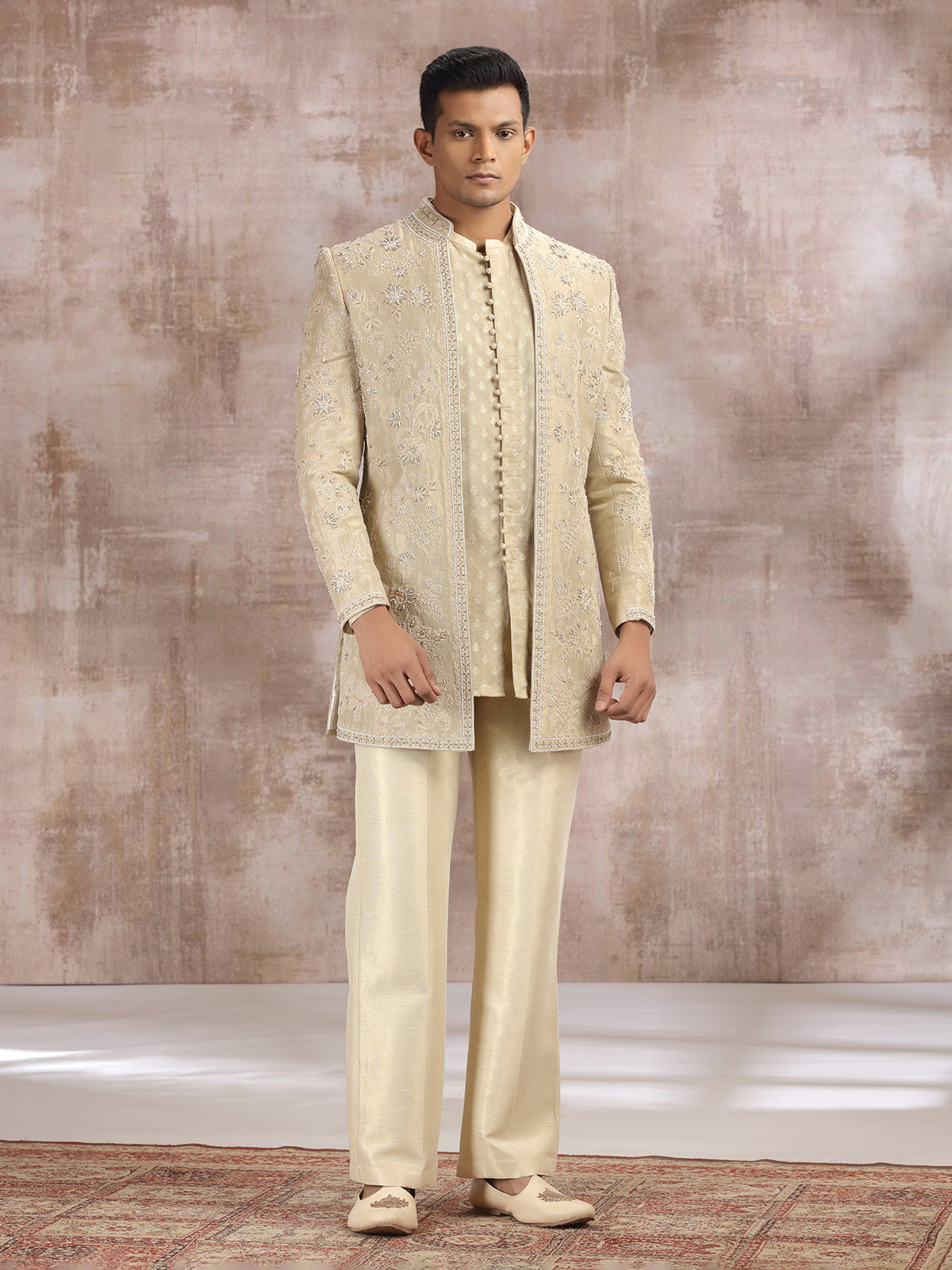 Gold silk indo western set with embroidery work