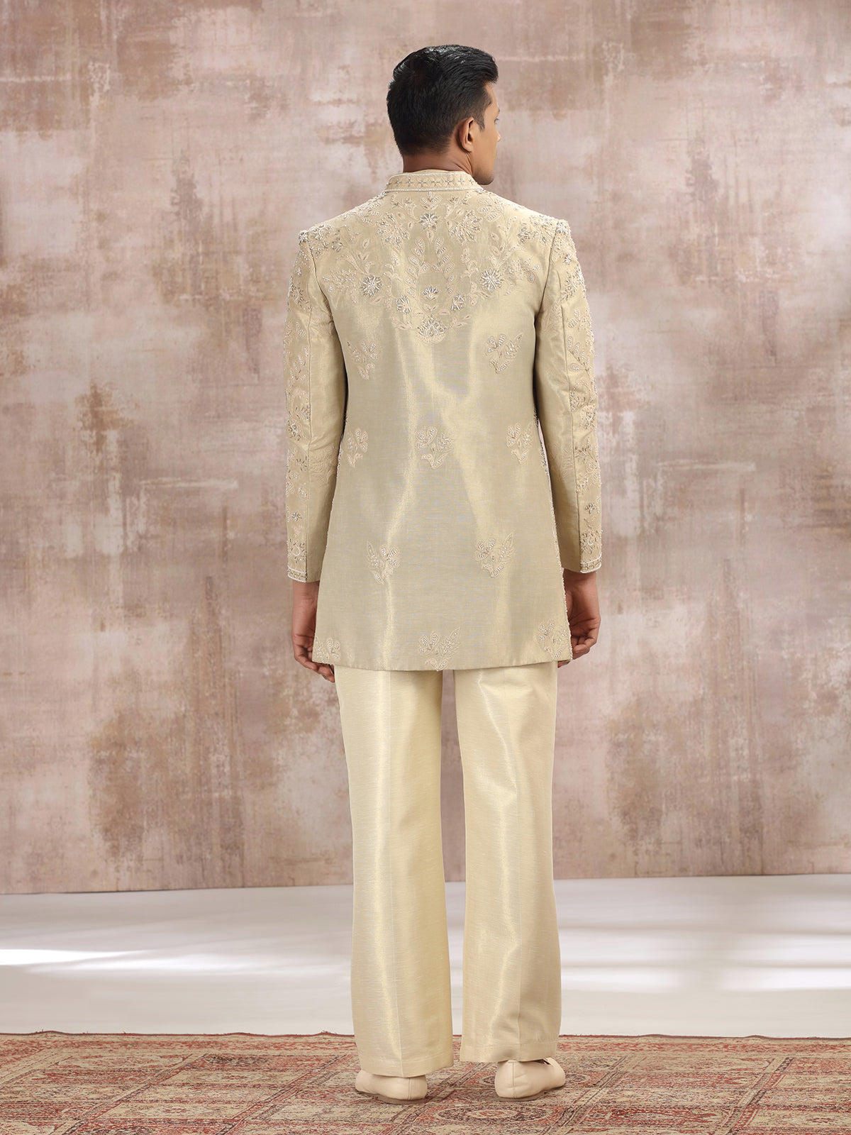 Gold silk indo western set with embroidery work