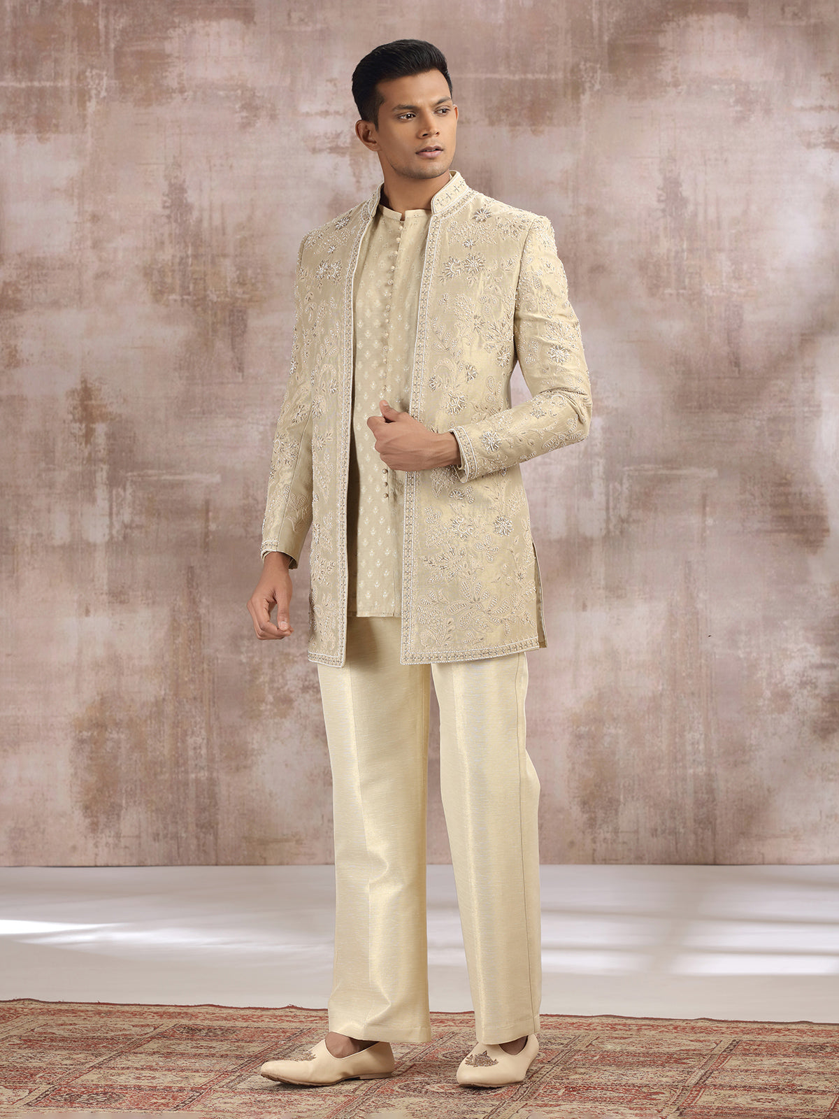 Gold silk indo western set with embroidery work