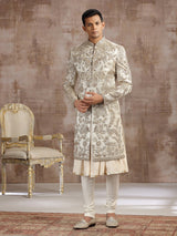 Gold silk peshwai sherwani with diamond embellishments