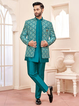 Graceful rama green indowestern for wedding splendor