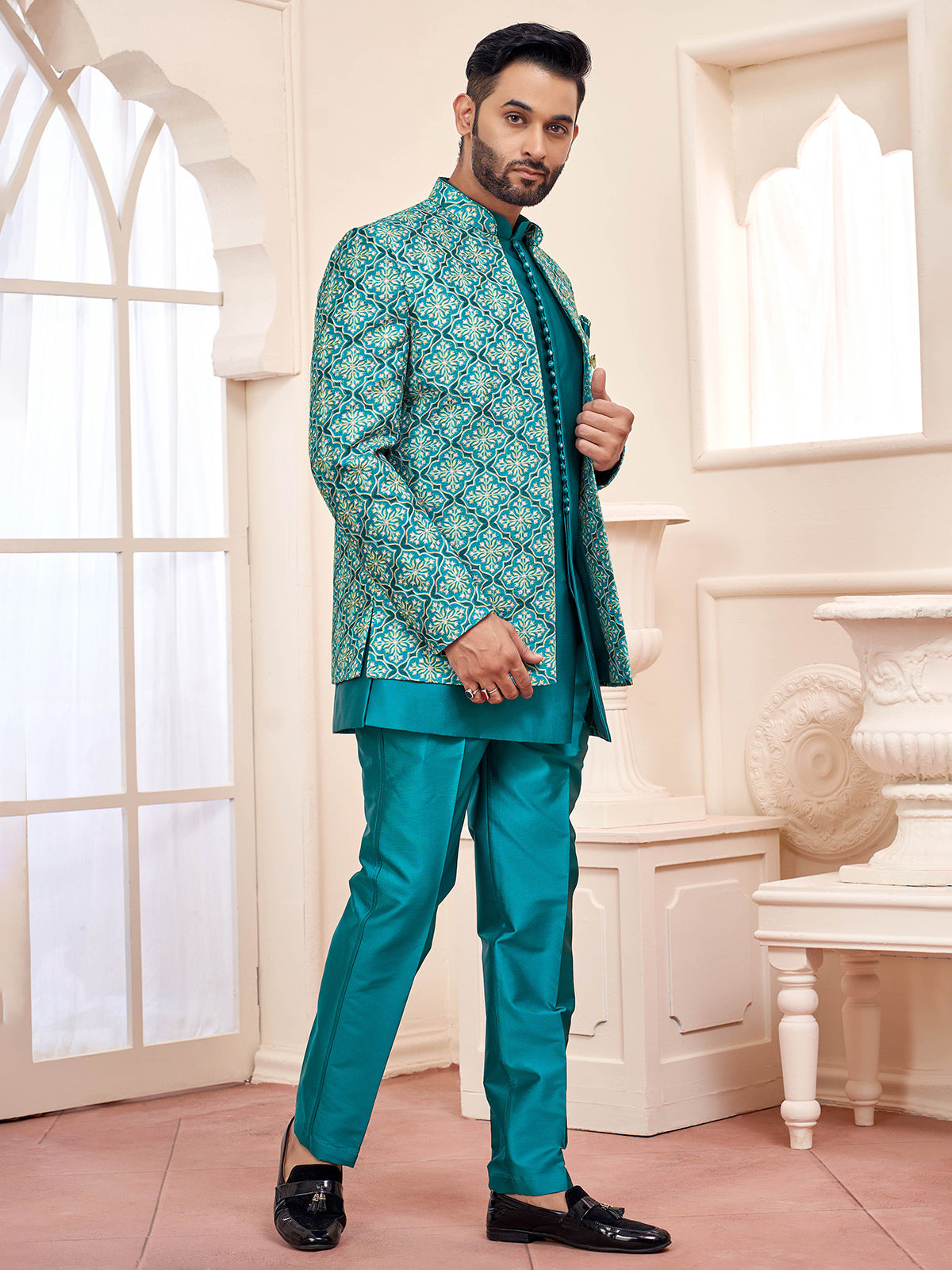 Graceful rama green indowestern for wedding splendor