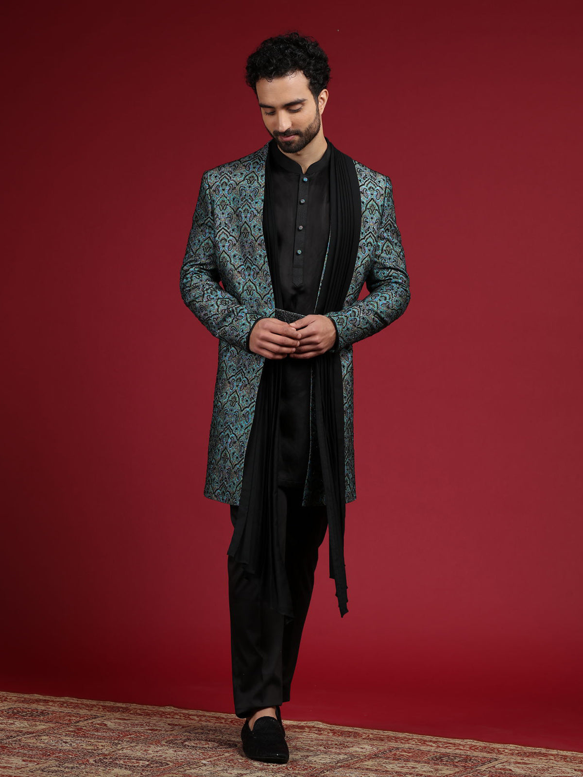 Green and black silk indowestern