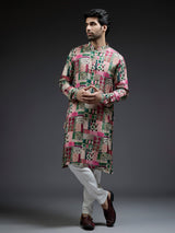Green and pink coral printed kurta sui in silk for men
