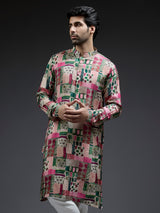 Green and pink coral printed kurta sui in silk for men