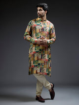 Green and yellow coral printed kurta sui in silk for men