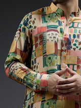Green and yellow coral printed kurta sui in silk for men