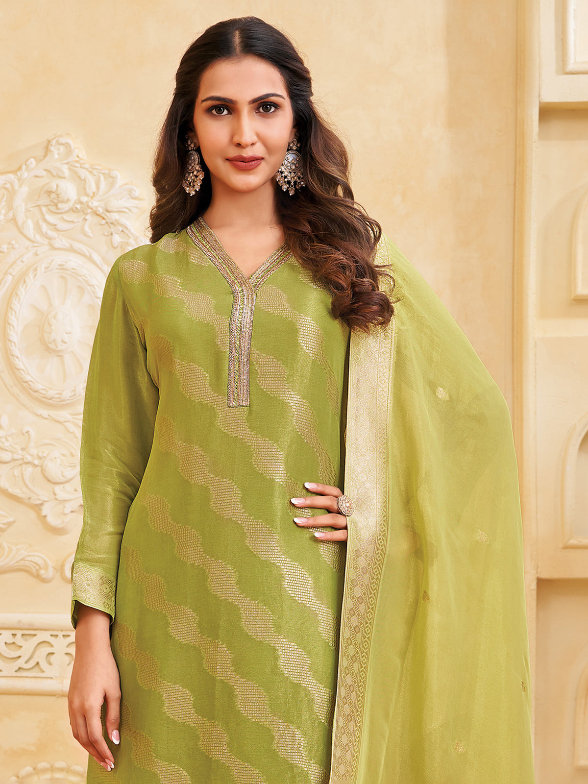 Green chiffon salwar suit for festive wear