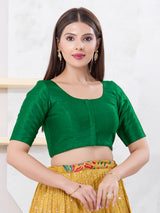 Green dupion silk front open elbow sleeve blouse