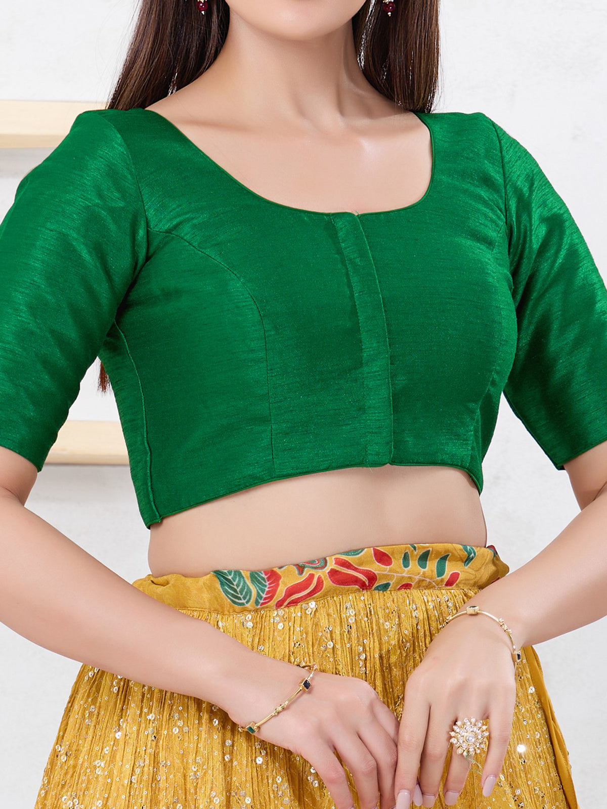 Green dupion silk front open elbow sleeve blouse