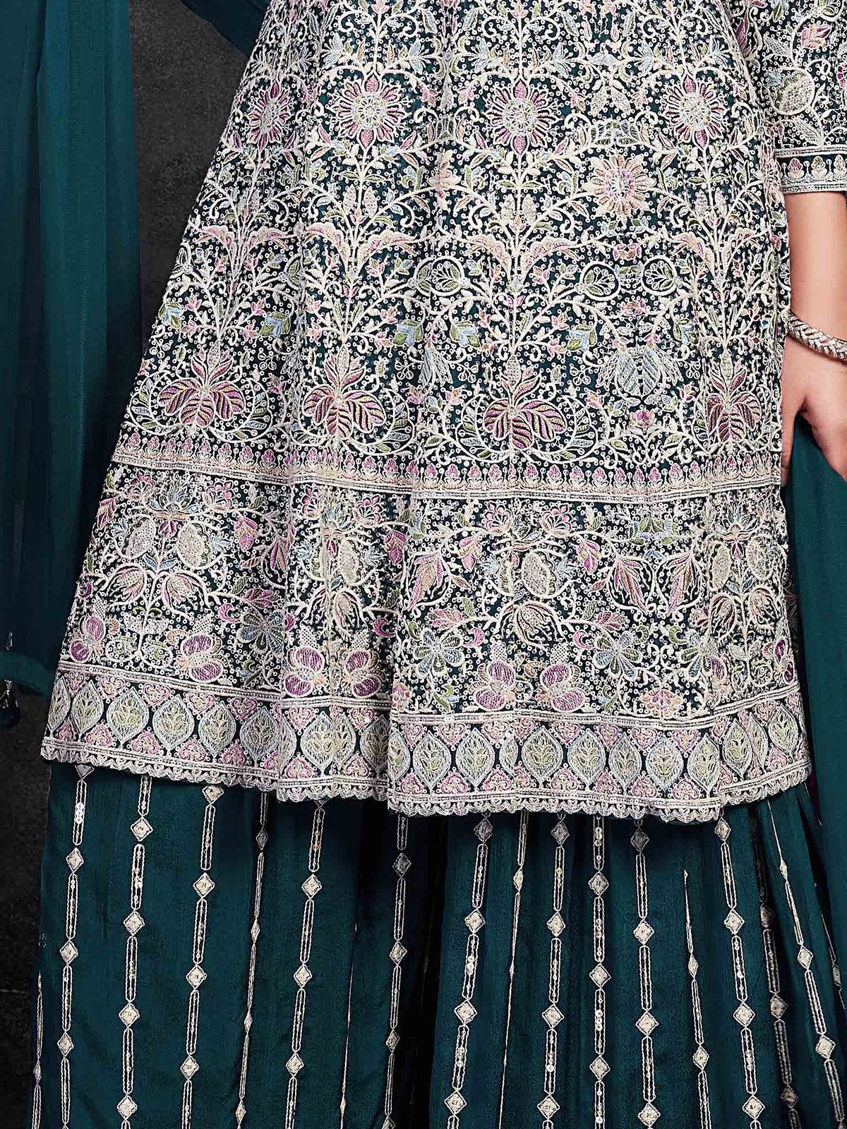Green georgette embroidered palazzo suit for festive