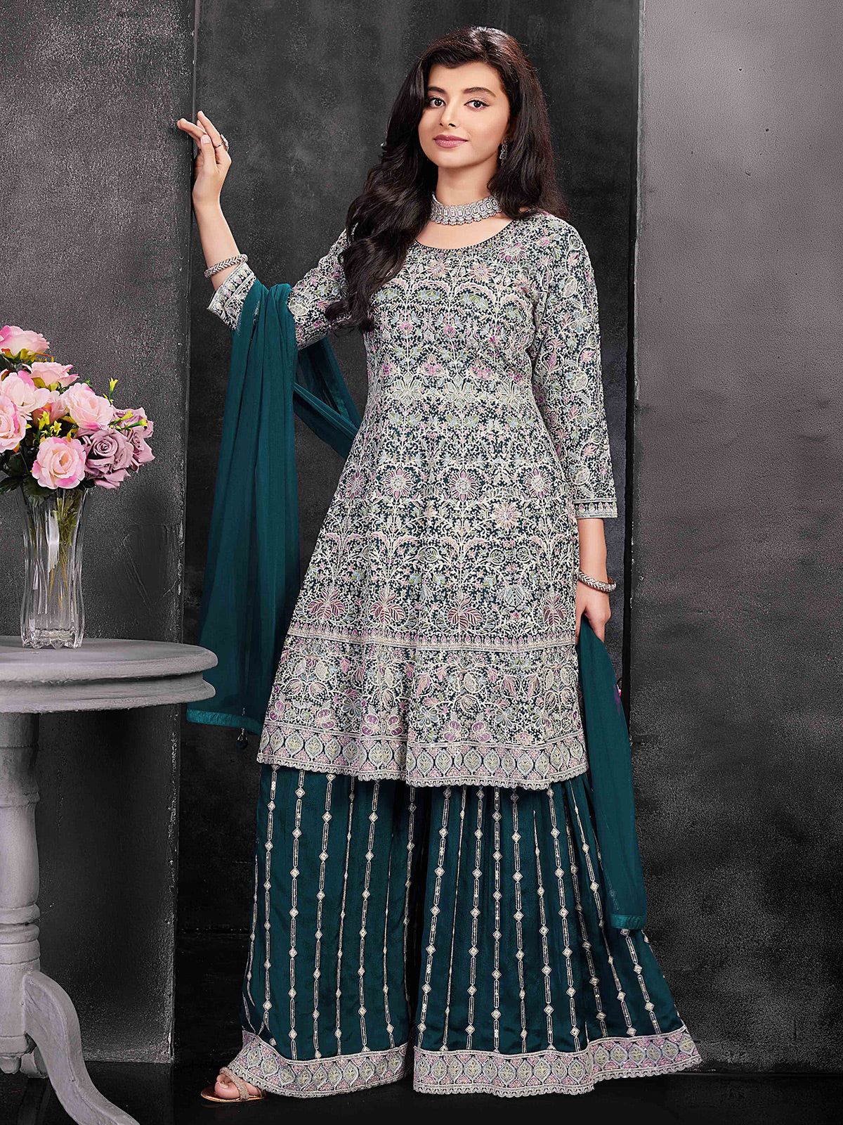 Green georgette embroidered palazzo suit for festive