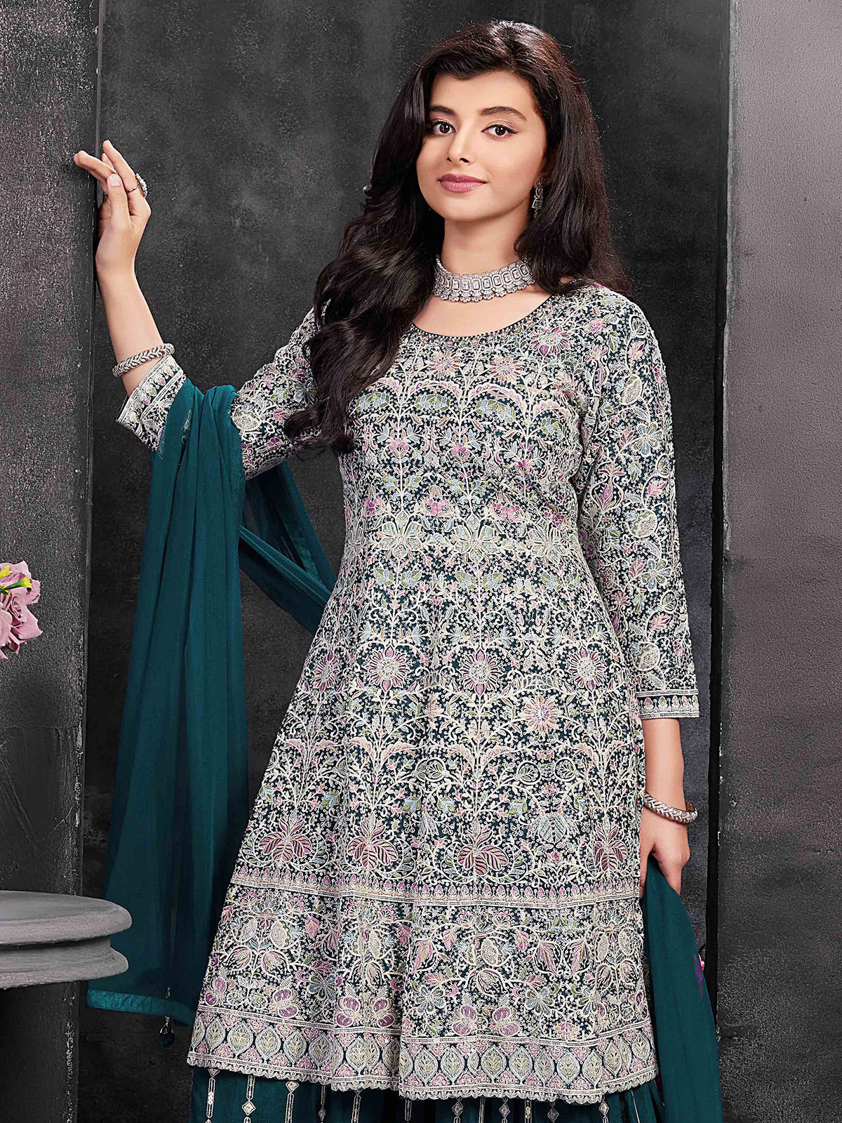Green georgette embroidered palazzo suit for festive