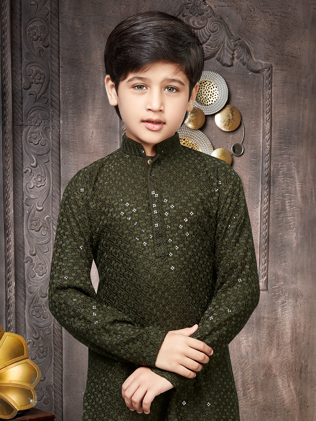 Green georgette sequins kurta suit for boys