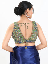 Green georgette thread and sequins V neck sleeveless blouse