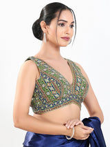 Green georgette thread and sequins V neck sleeveless blouse