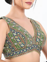 Green georgette thread and sequins V neck sleeveless blouse