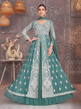 Green georgette V neck lehenga suit