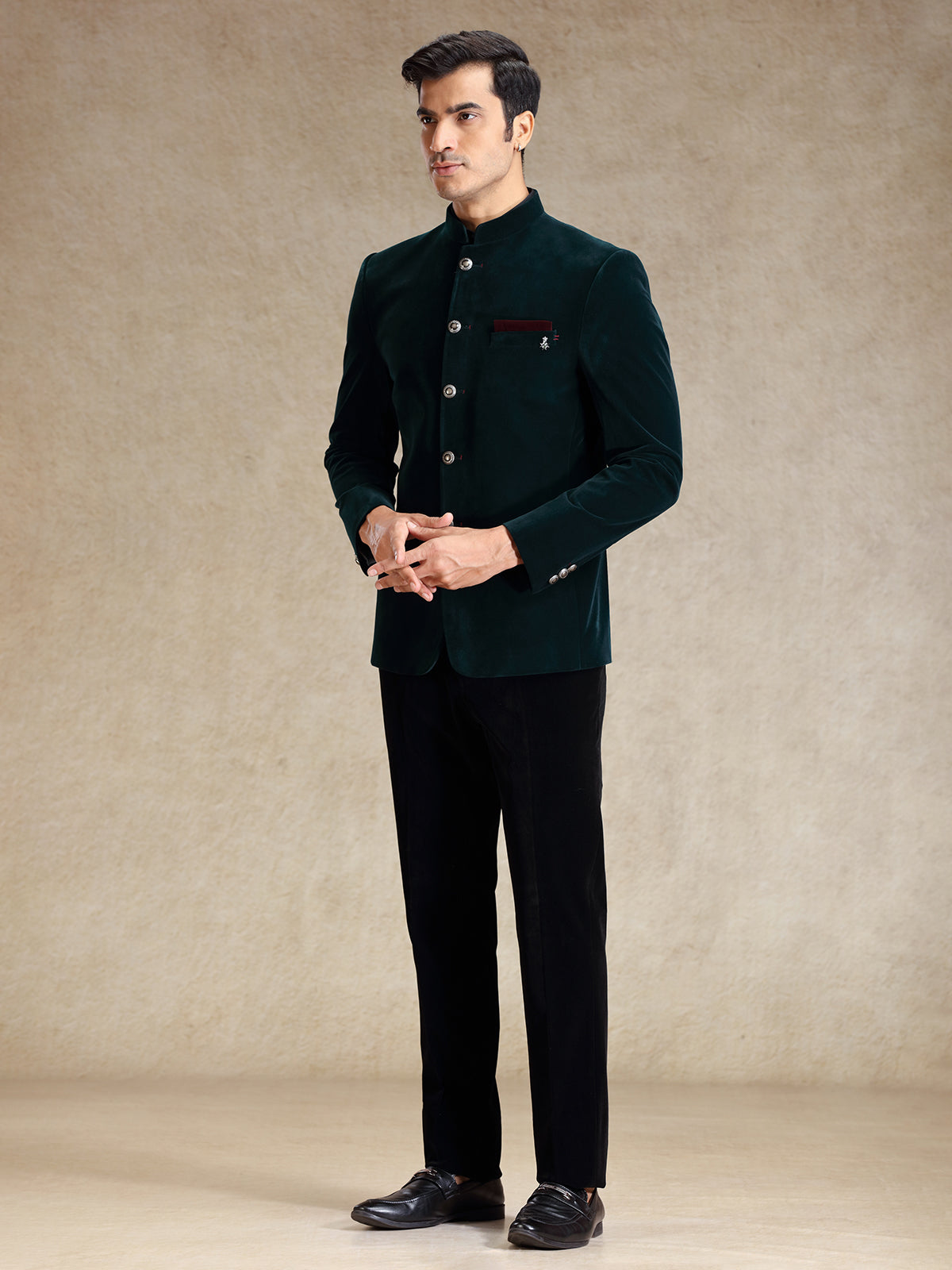 Green jodhpuri bandh gala set in velvet