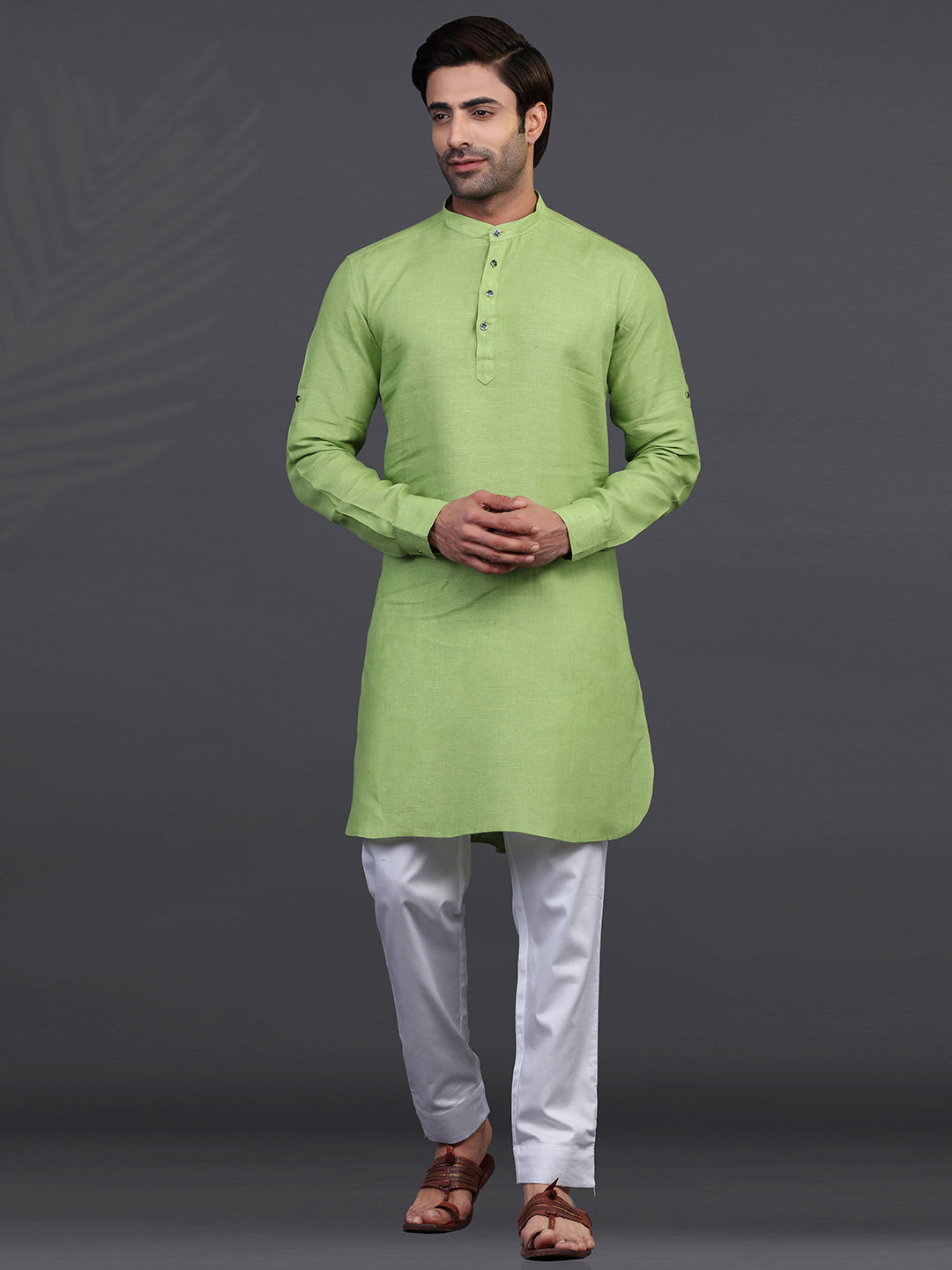 Green linen kurta suit for festive wear