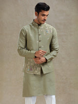 Green mirror worked waistcoat set for wedding