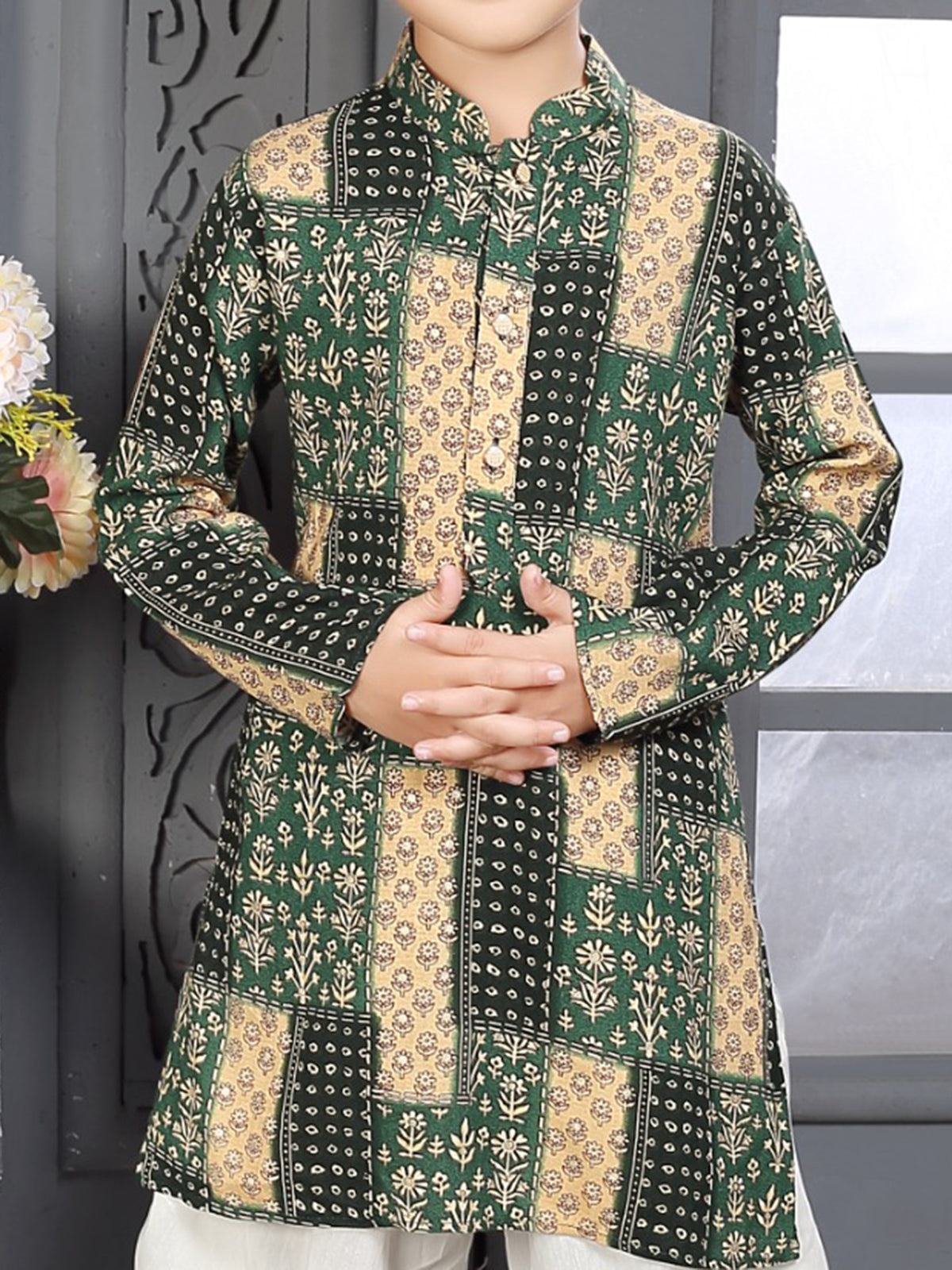 Green printed silk dhoti kurta for boys