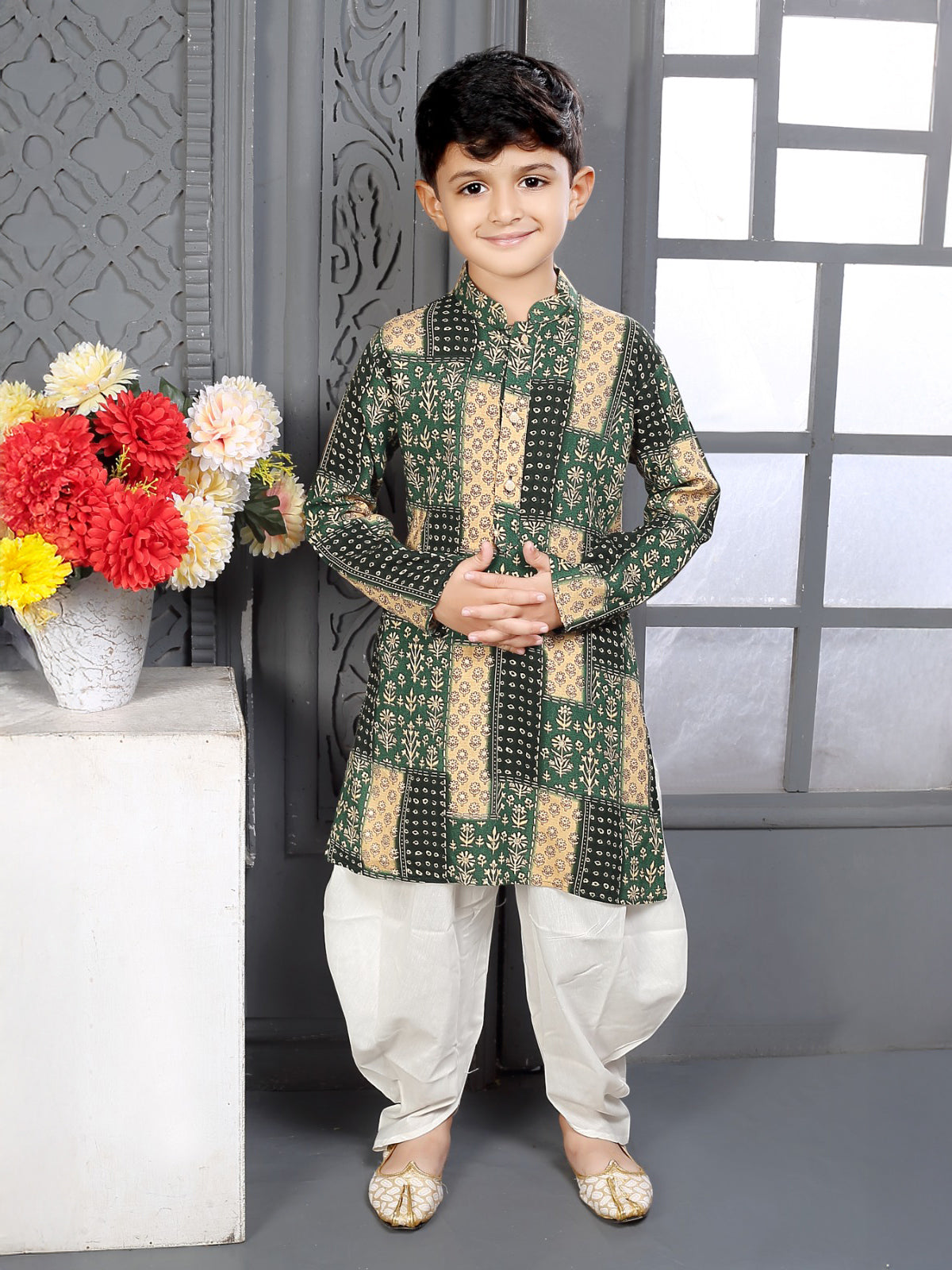 Green printed silk dhoti kurta for boys