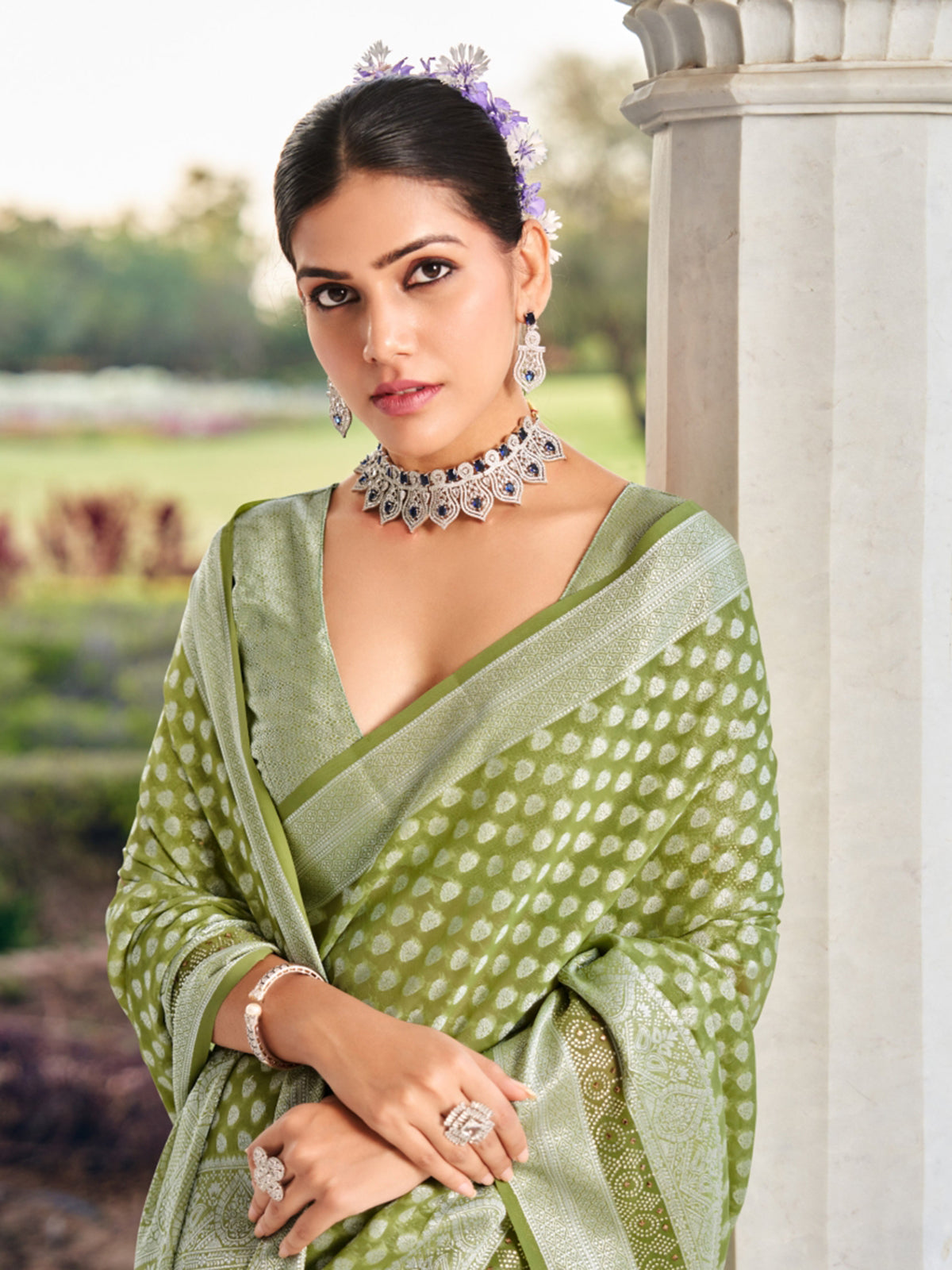 Green saree with zari in soft georgette