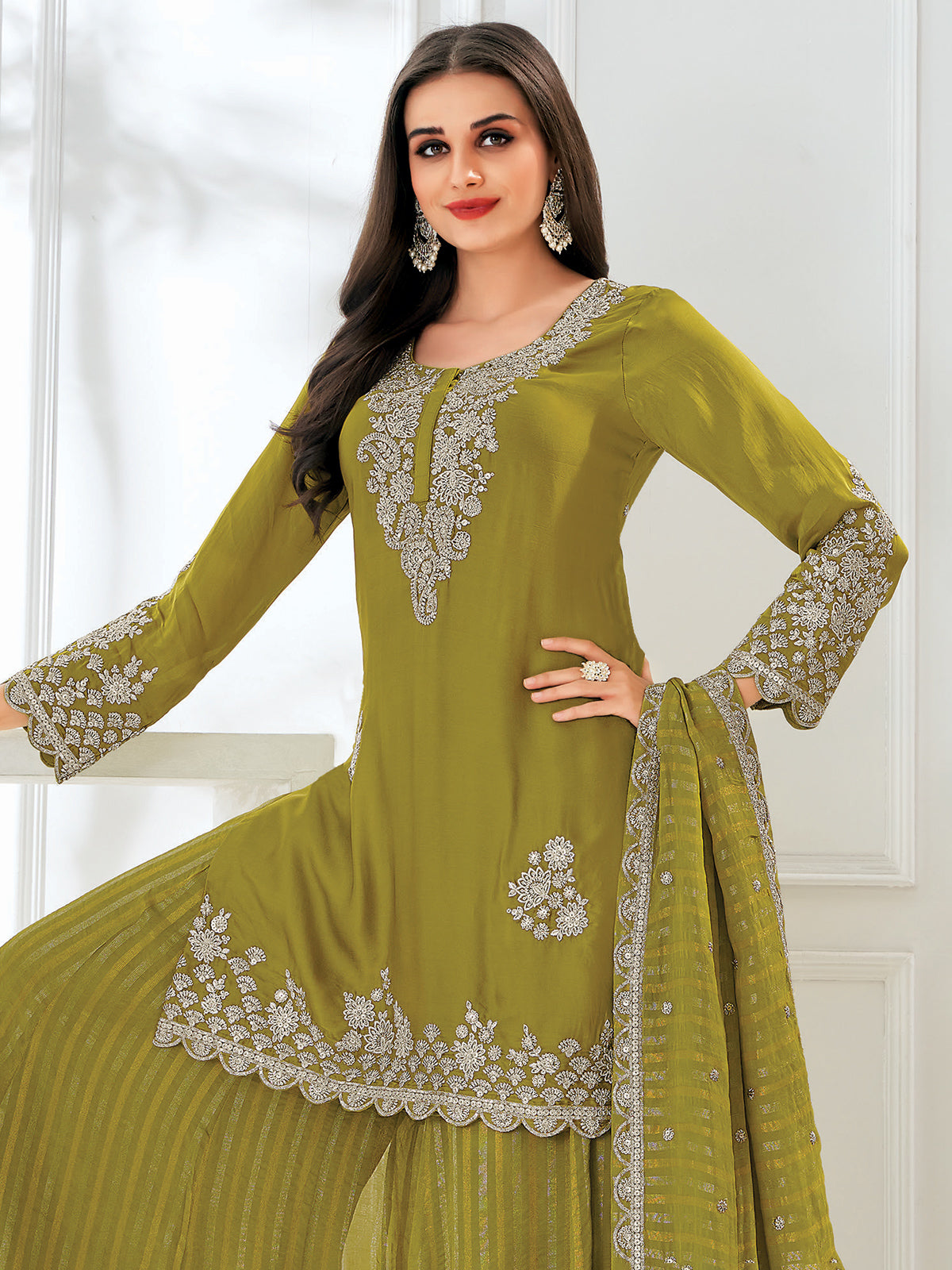 Green satin palazzo suit for women