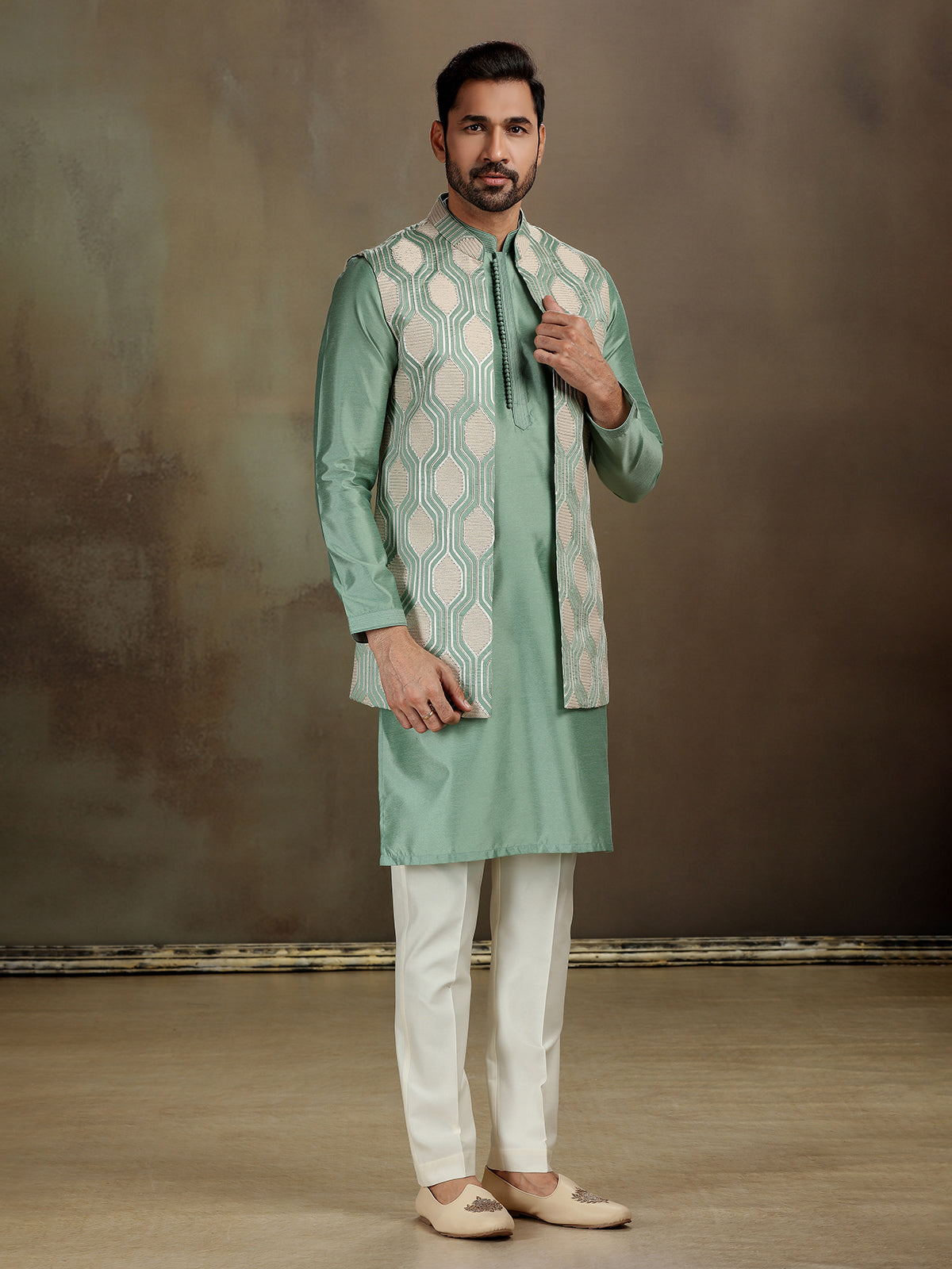 Green silk gota embroidered waistcoat set
