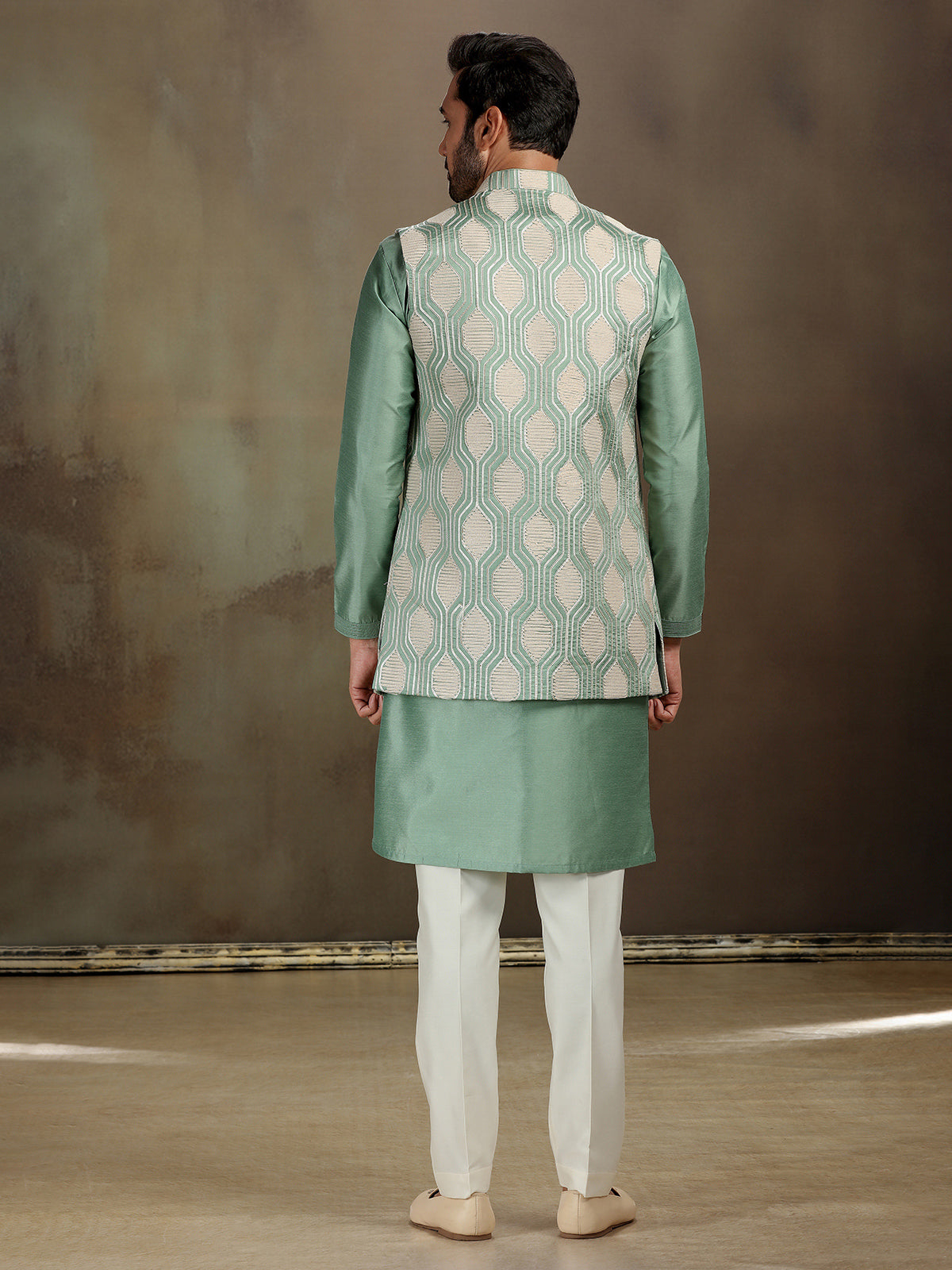 Green silk gota embroidered waistcoat set