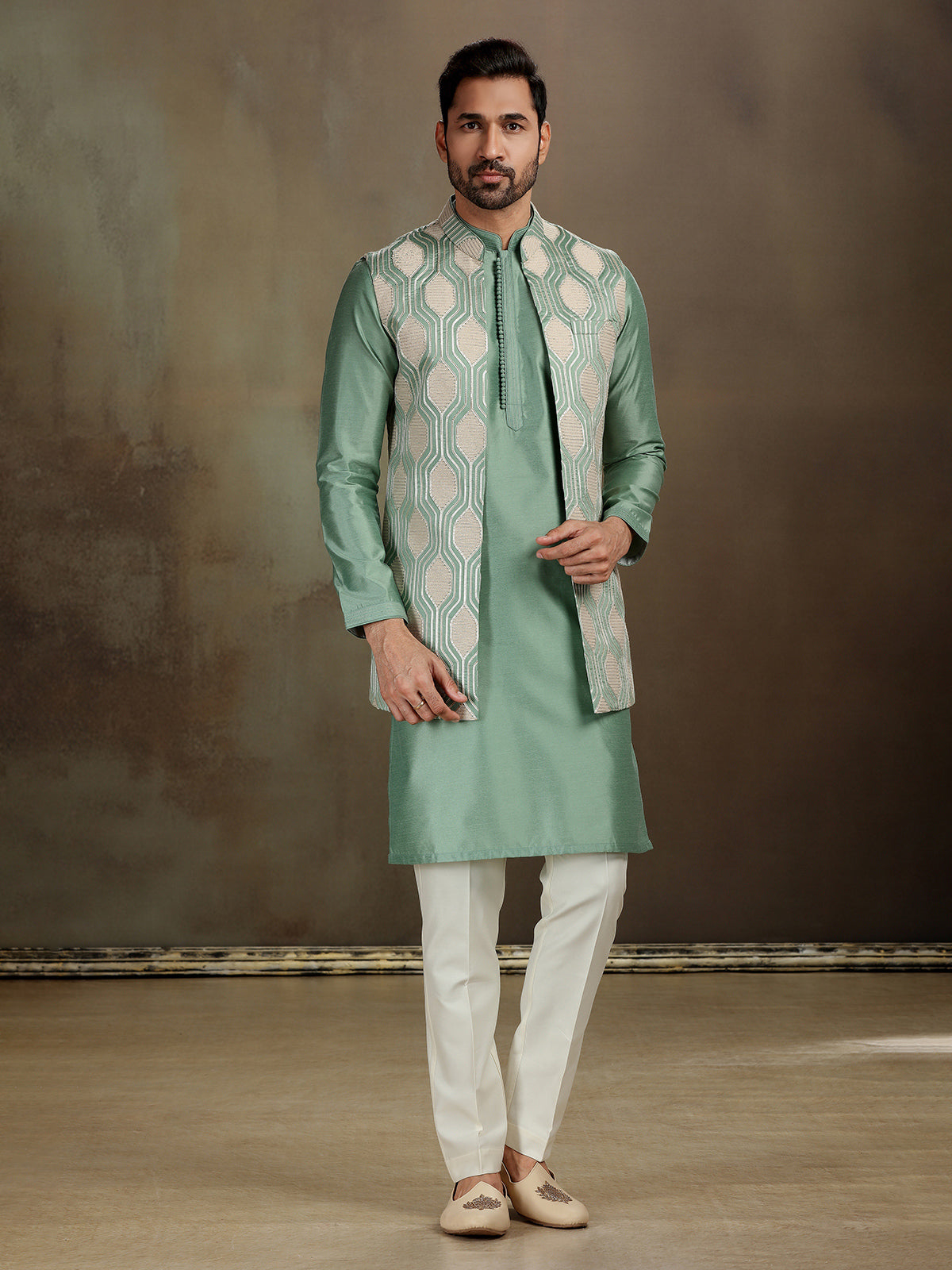 Green silk gota embroidered waistcoat set