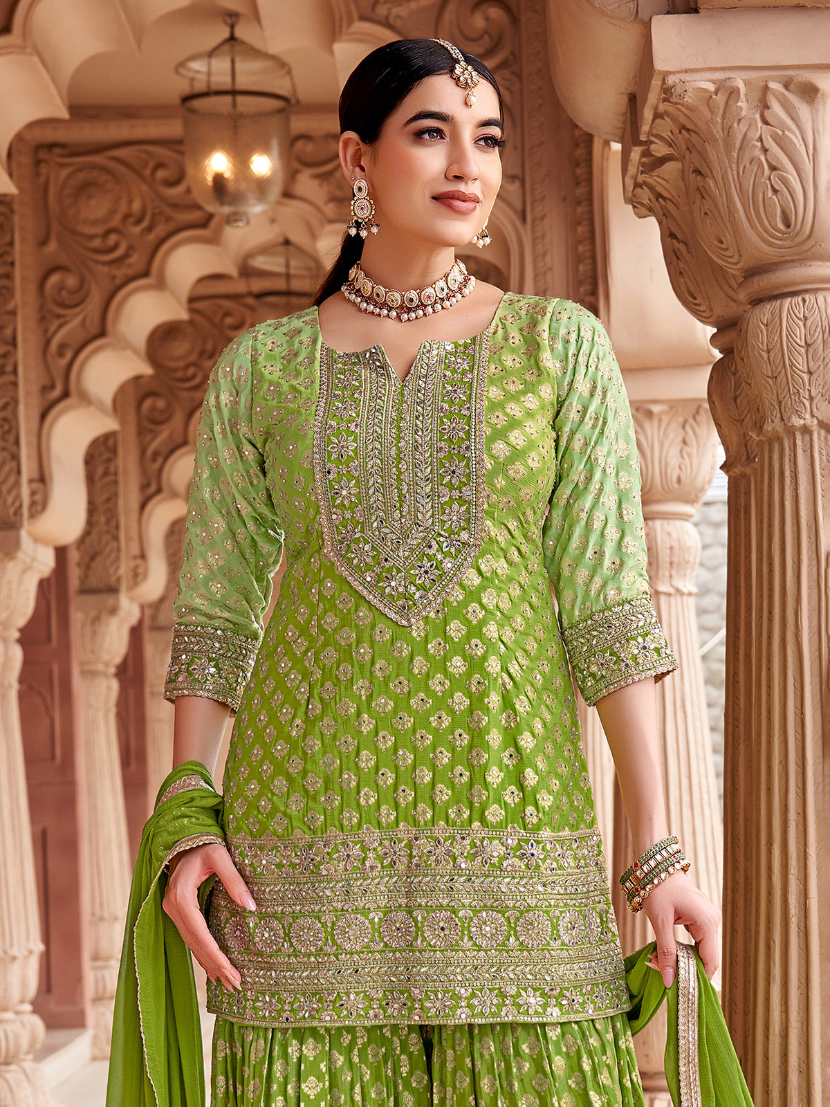 Green silk pakistani sharara Suit with dupatta