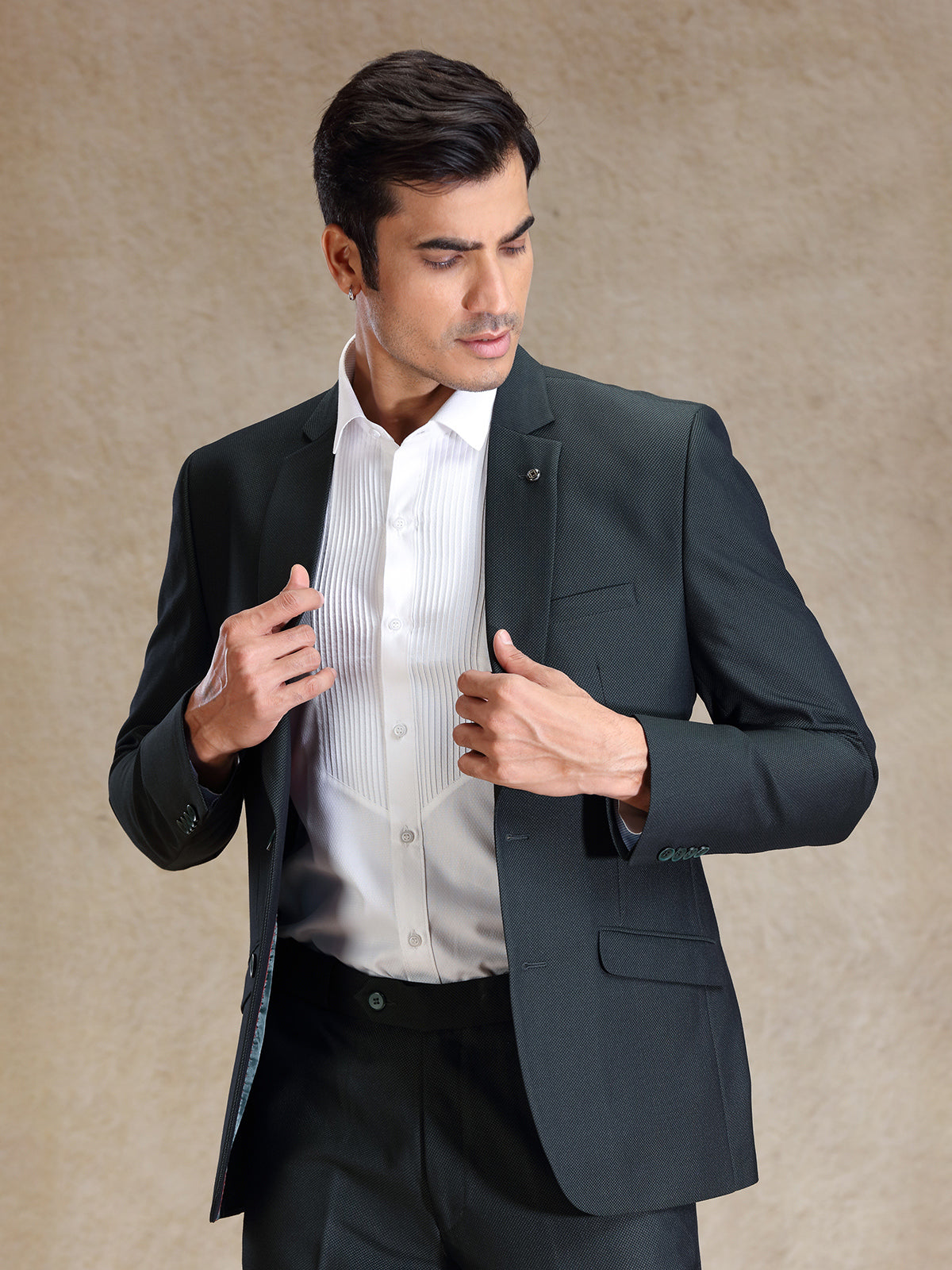 Green terry rayon notch lapel textured blazer