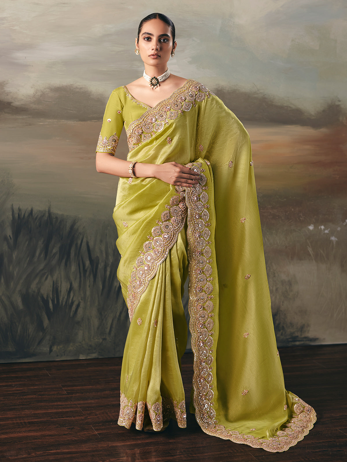 Green tissue silk rich border saree
