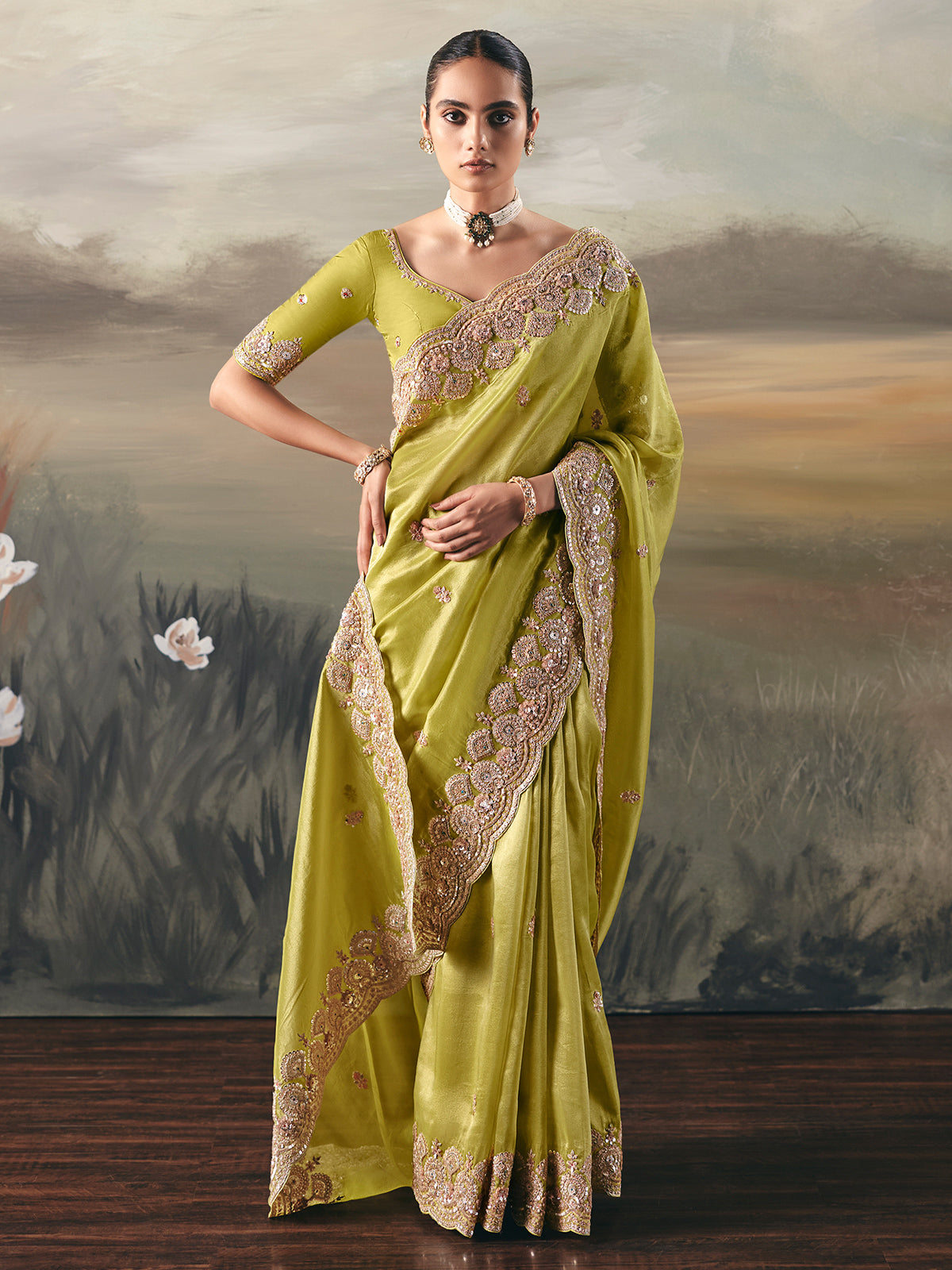 Green tissue silk rich border saree