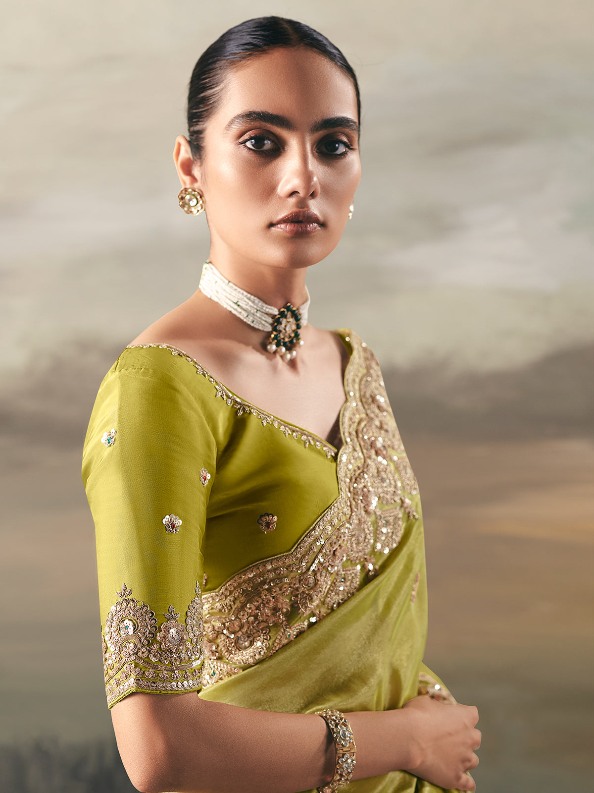 Green tissue silk rich border saree