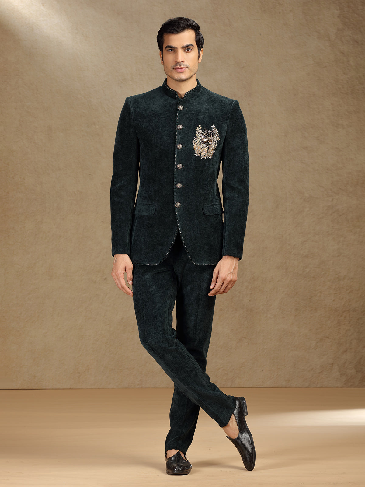 Green velvet jodhpuri suit for mens