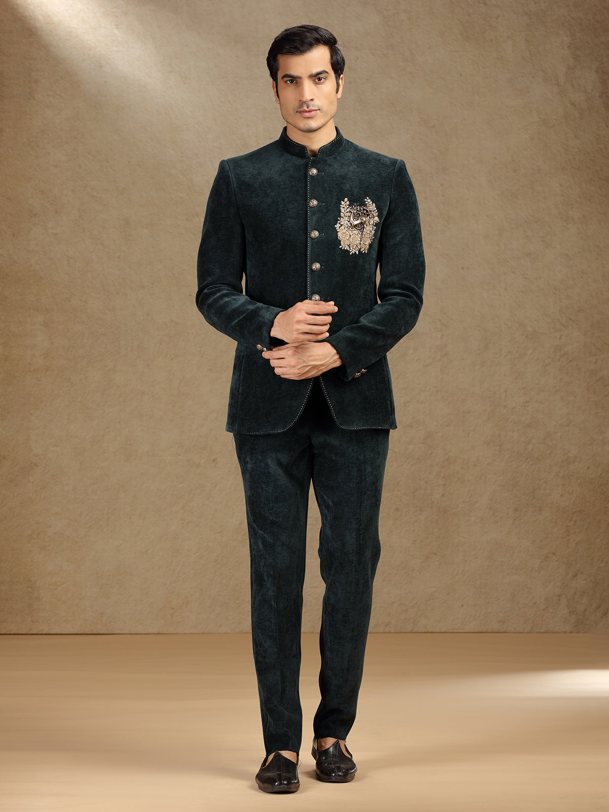 Green velvet jodhpuri suit for mens