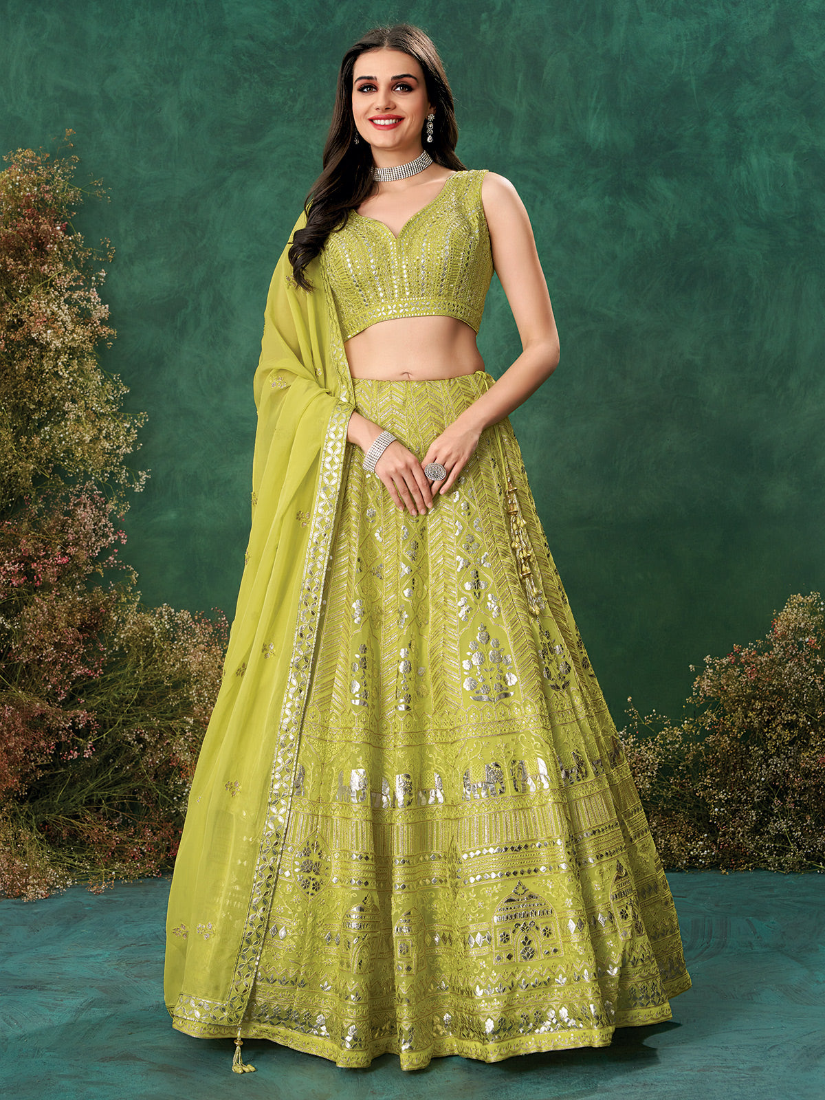 Green wedding wear lehenga choli in soft organza
