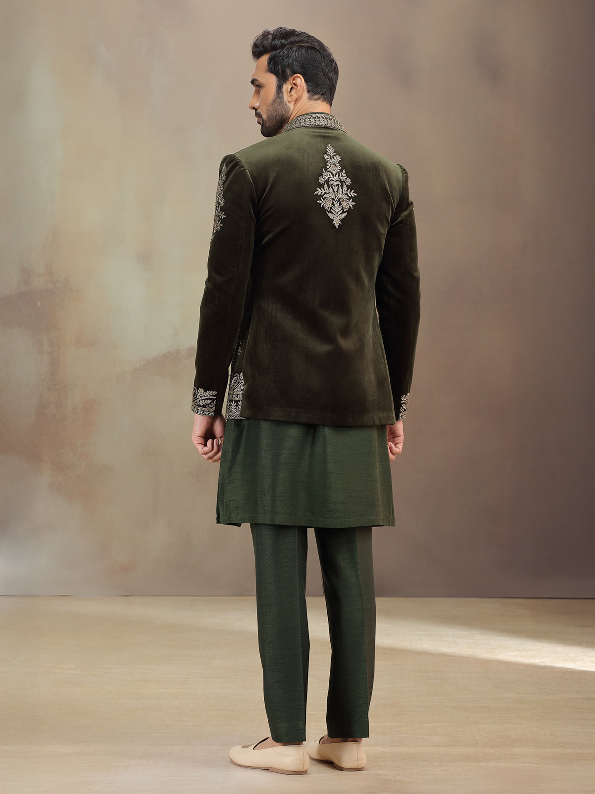 Green wedding wear velvet indowestern for men